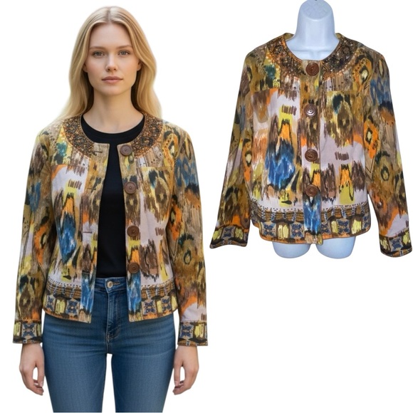 Life Style Beaded Artsy Multi Colored Wood Button Jacket - Women’s Medium - Picture 1 of 12